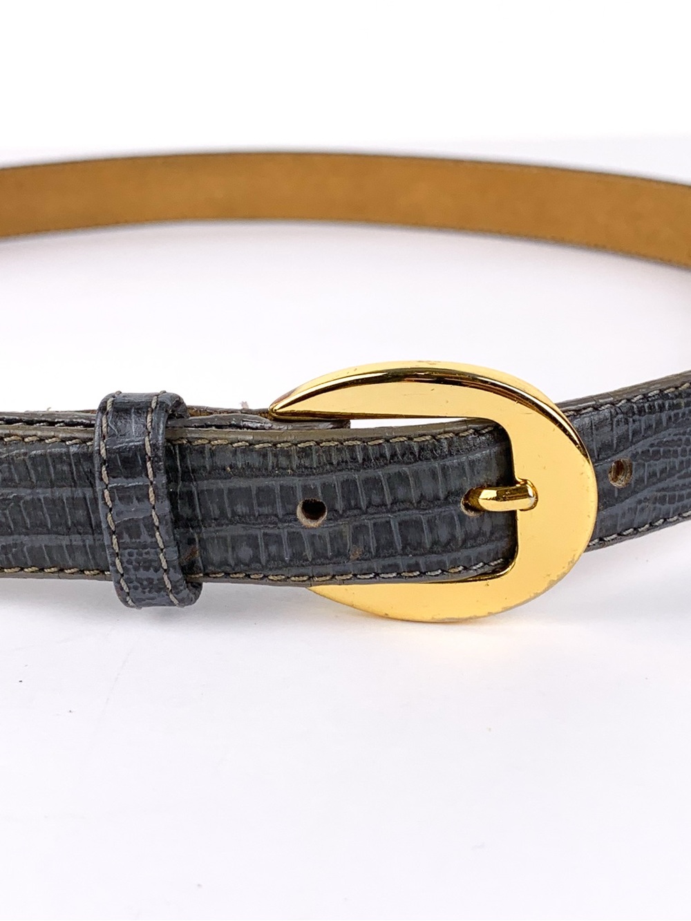 Vintage Greg Adams gray lizard embossed leather belt solid brass buckle size M/L